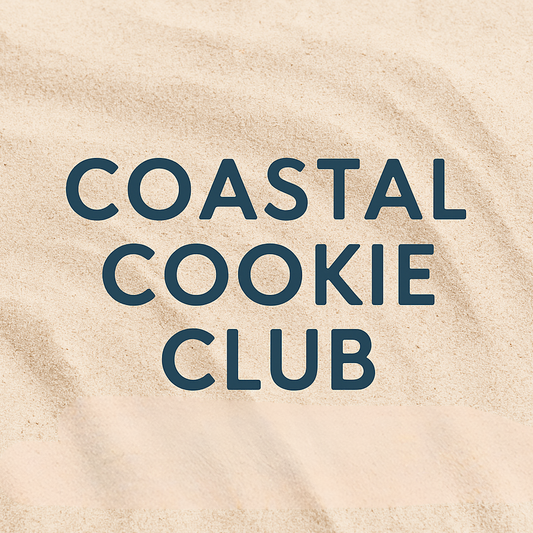 Text 'COASTAL COOKIE CLUB' on a sandy background